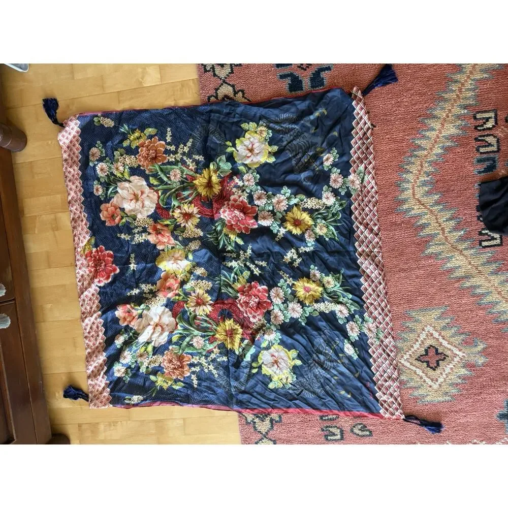 Johnny Was DRAGONA SCARF Blue Red 44” Silk Scarf Fringe